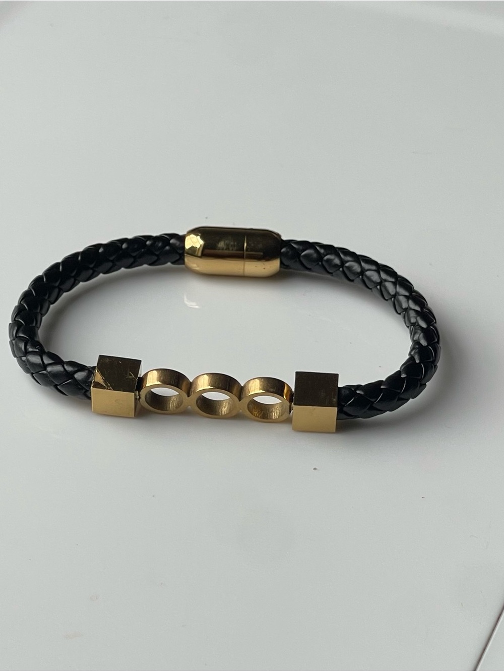 Black Braided Leather Bracelet with Gold Accent